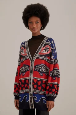 NAVY MIXED PRINTS KNIT CARDIGAN
