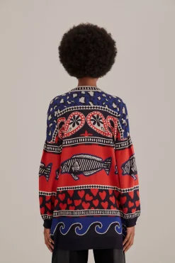 NAVY MIXED PRINTS KNIT CARDIGAN