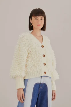 OFF-WHITE TEXTURED V NECK CARDIGAN