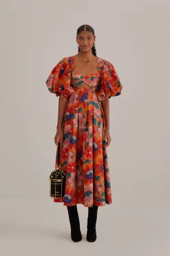 ORANGE MARIAS FLORAL CUT-OUT MIDI DRESS