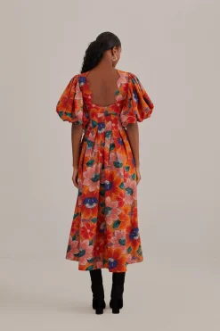  ORANGE MARIAS FLORAL CUT-OUT MIDI DRESS