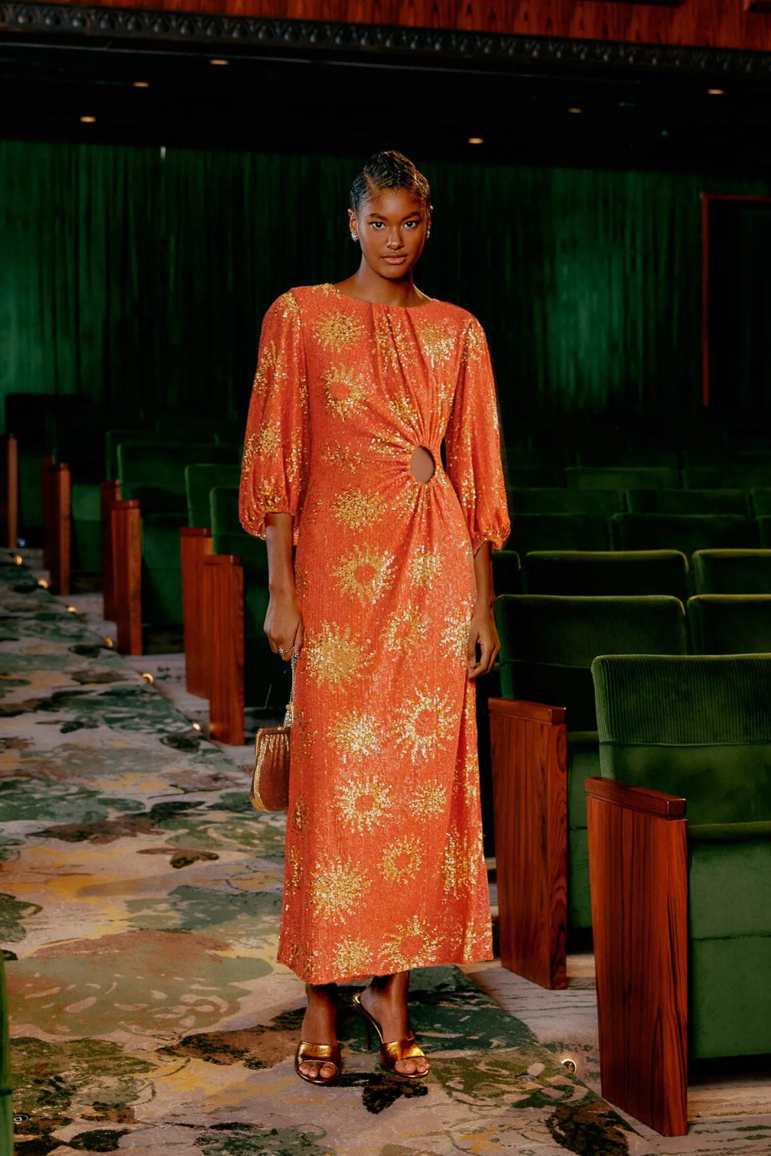 ORANGE SUNNY MOOD SEQUIN CUT OUT MIDI DRESS