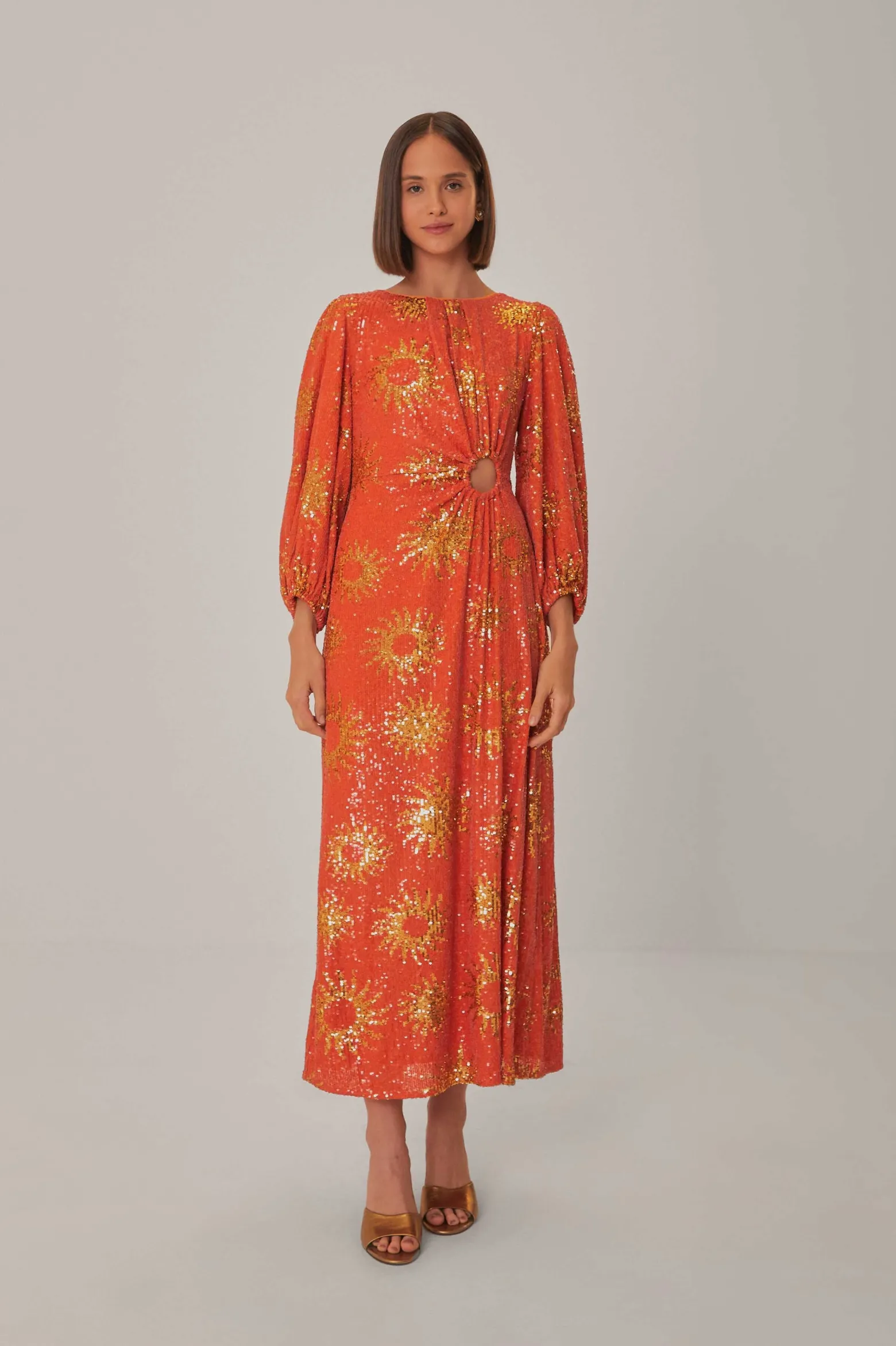 ORANGE SUNNY MOOD SEQUIN CUT OUT MIDI DRESS