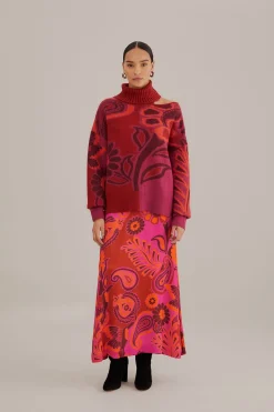 PINK BOLD FLORAL SATIN MAXI SKIRT