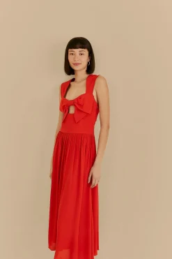 RED BOW SLEEVELESS MIDI DRESS