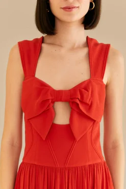  RED BOW SLEEVELESS MIDI DRESS