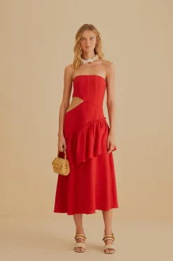RED CUT OUT STRAPLESS MIDI DRESS