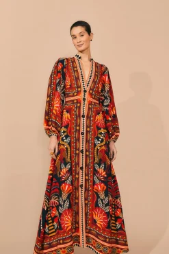 RED NATURE BEAUTY SCARF LONG SLEEVE MAXI DRESS