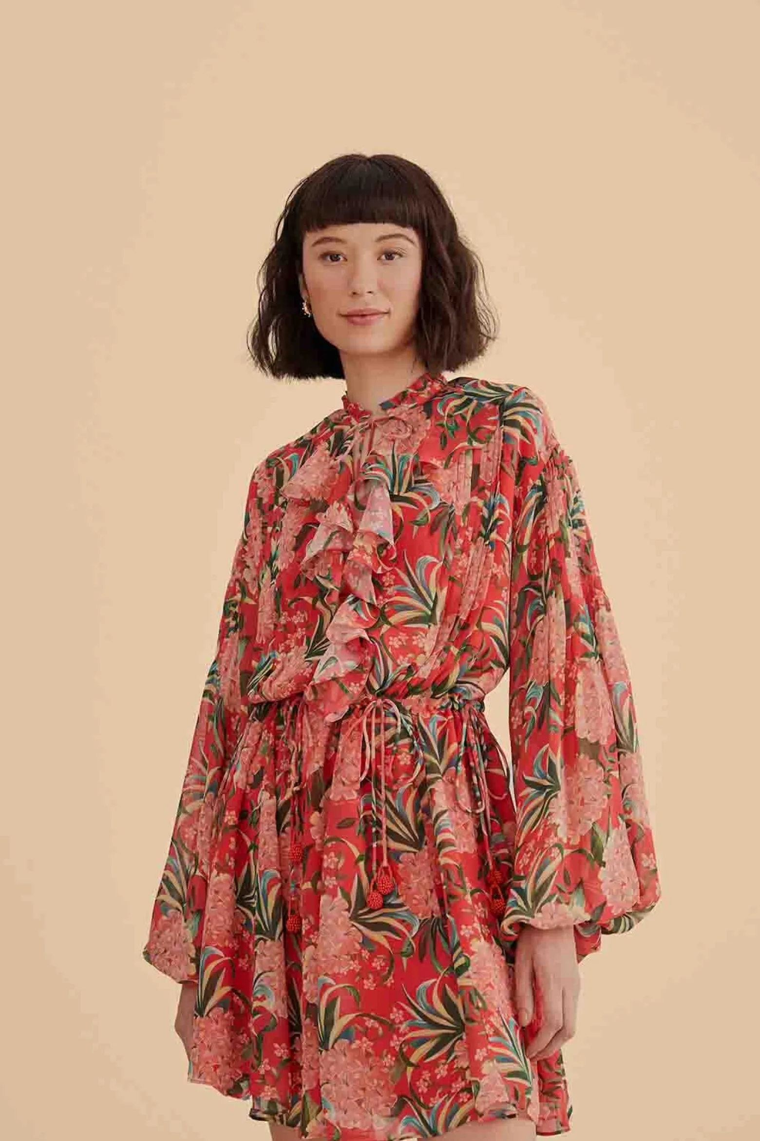 RED PINEAPPLE BLOOM V NECK MINI DRESS