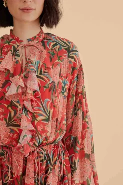 RED PINEAPPLE BLOOM V NECK MINI DRESS