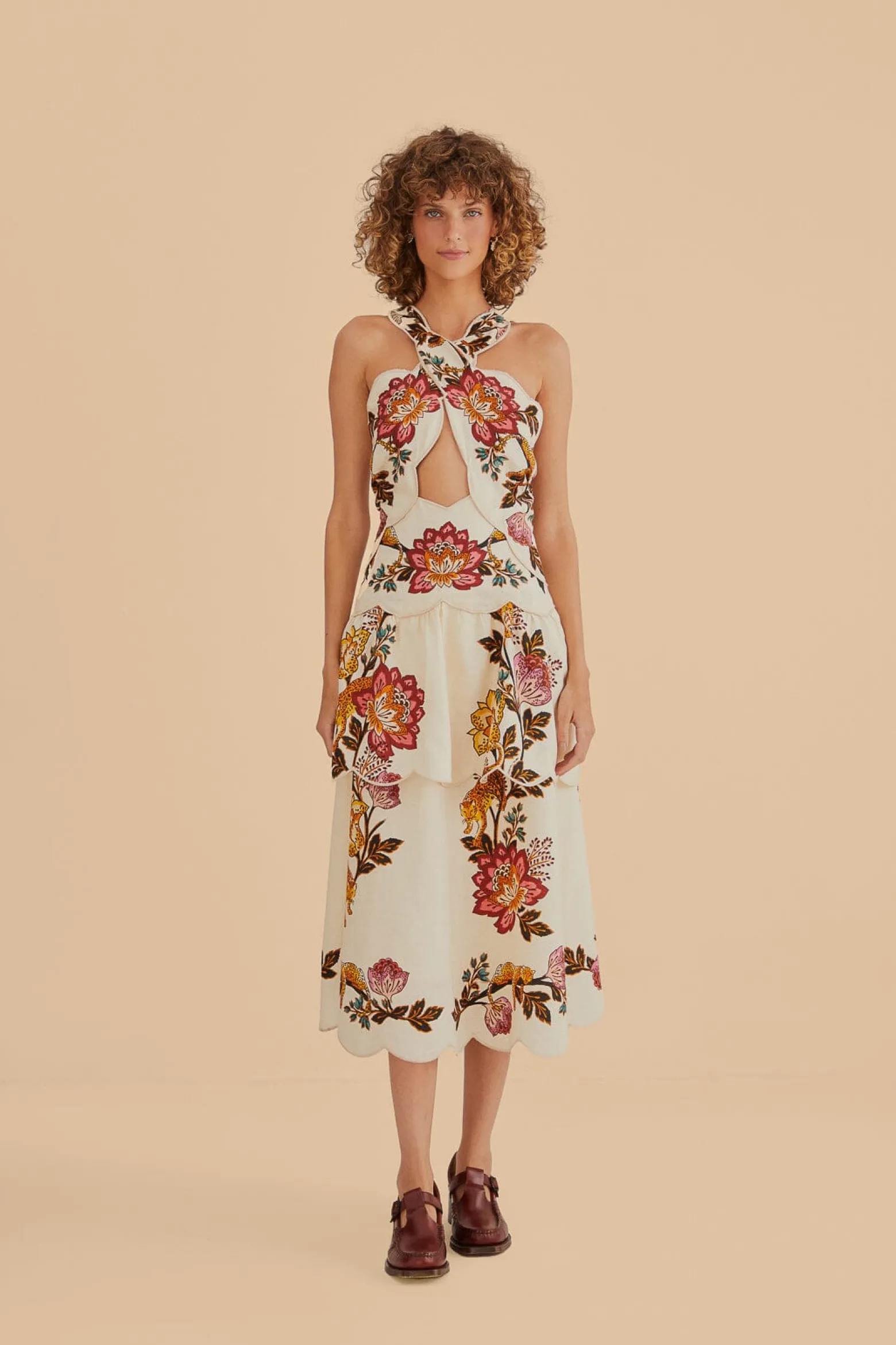 SAND LEOPARD FLOWERS CUT OUT MIDI DRESS