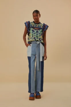 TIE WAIST PATCH DENIM PANTS