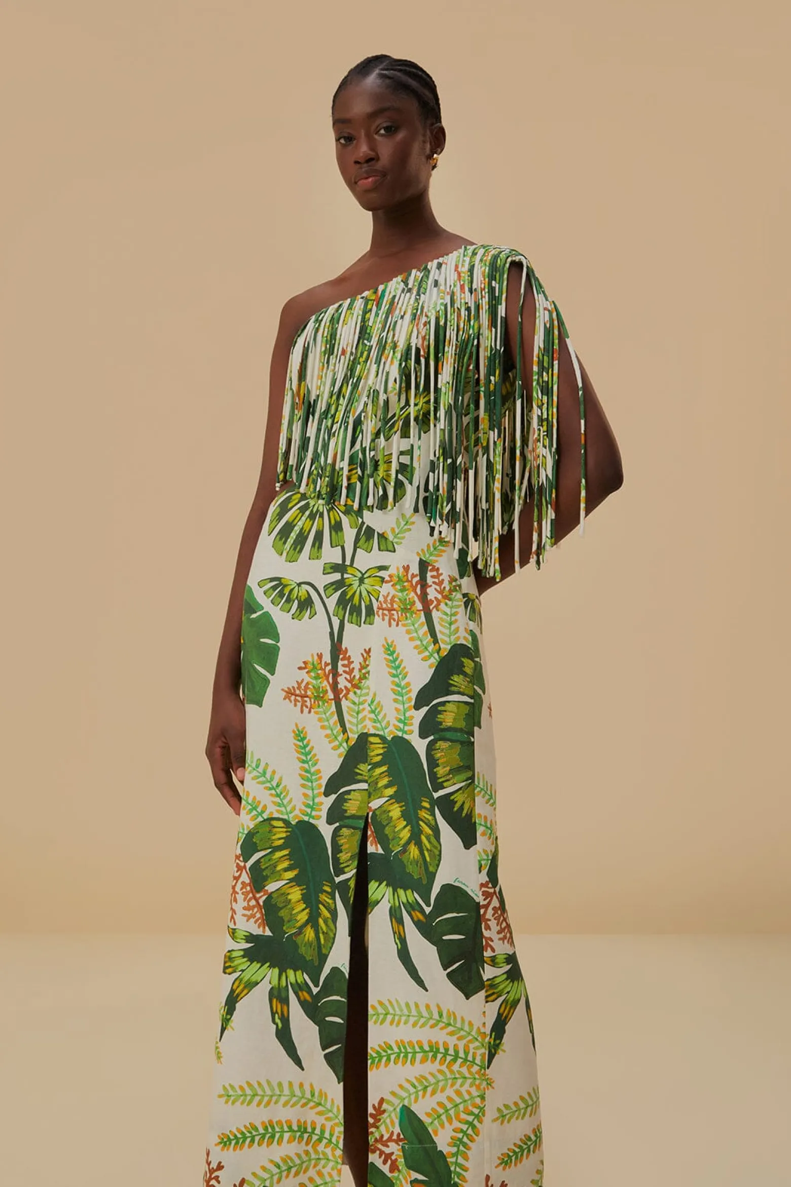 TROPICAL FOREST OFF-WHITE FRINGED MIDI DRESS