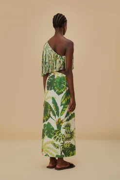 TROPICAL FOREST OFF-WHITE FRINGED MIDI DRESS