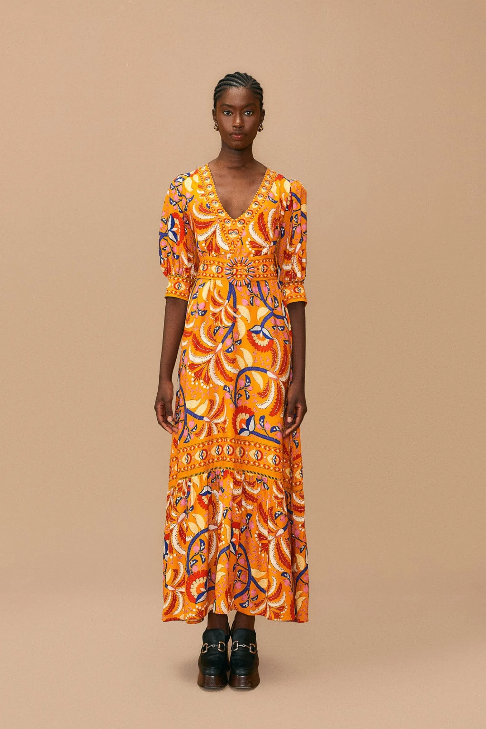 YELLOW PALMS PARTY SHORT SLEEVE MAXI DRESS