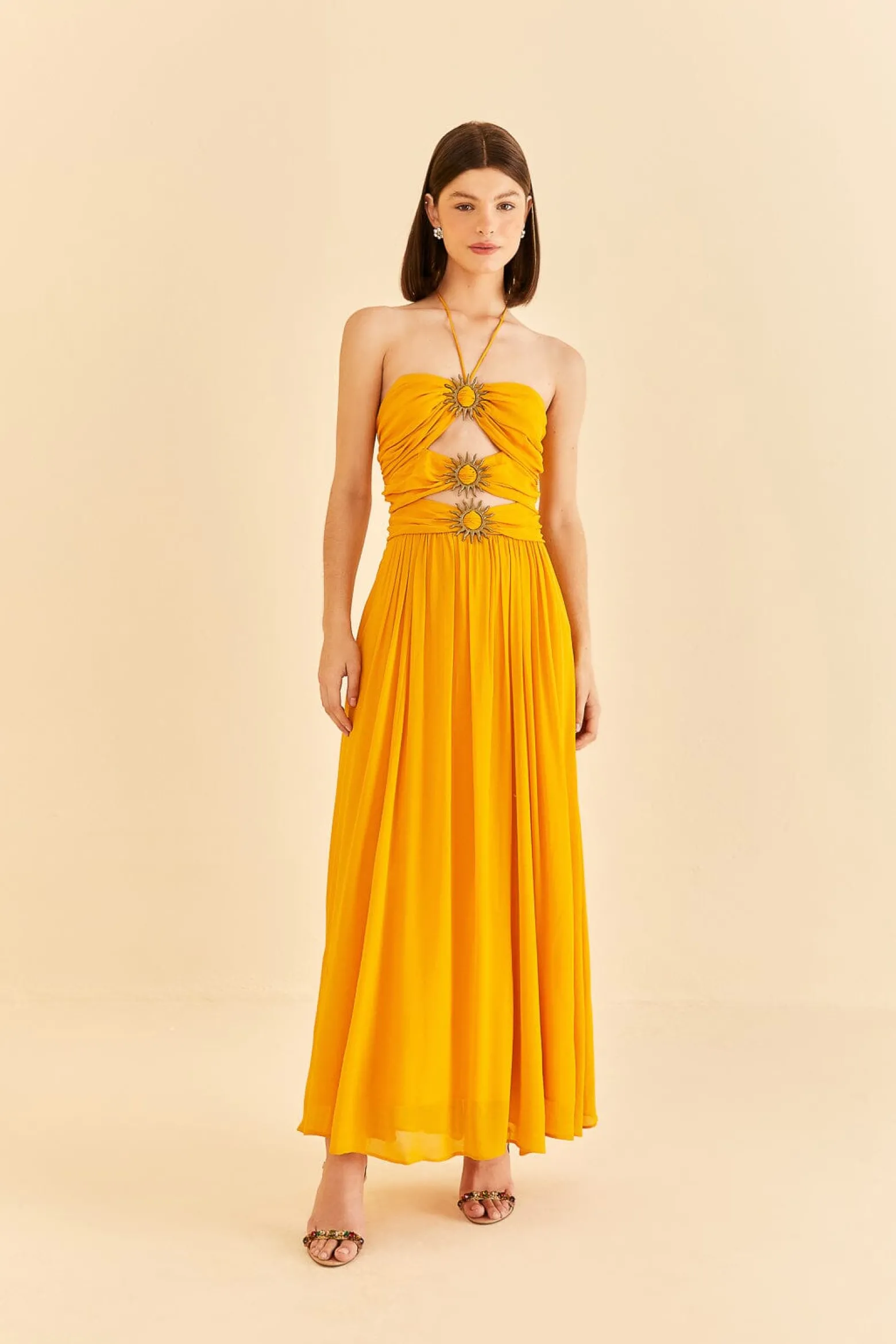 YELLOW SLEEVELESS MAXI DRESS WITH SUN BUCKLE